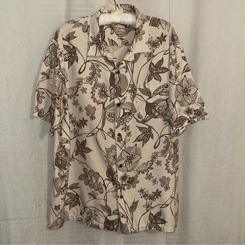 Island Republic XXL Cream Tan Brown Bamboo Buttons Short Sleeve Hawaiian Shirt